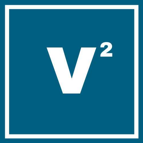 Logo for V Squared Productions. White “V squared” (V²) centered on a teal-blue square background with a white border.